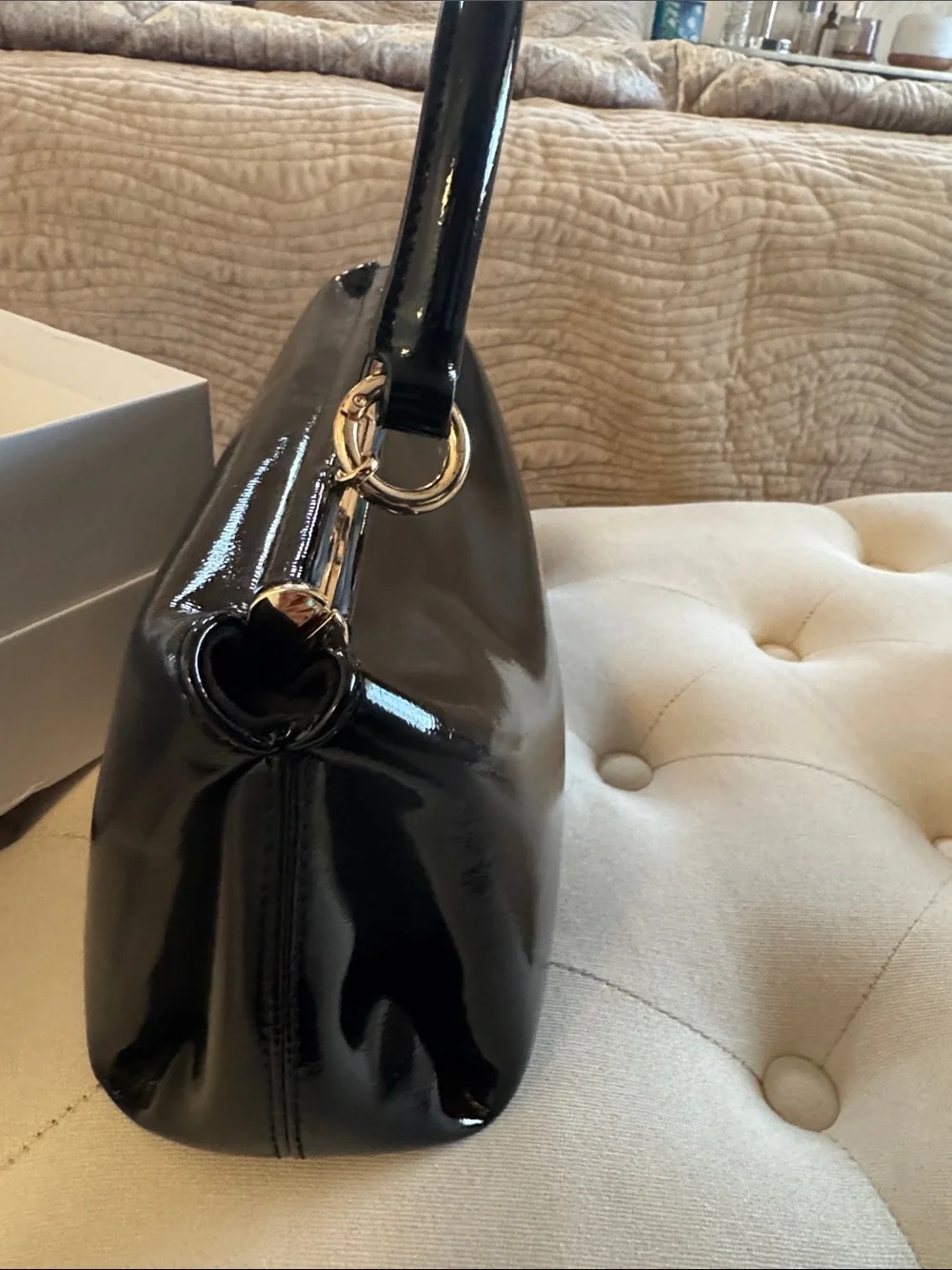 JW PEI Black Patent Top-Handle Clutch with Gold Hardware